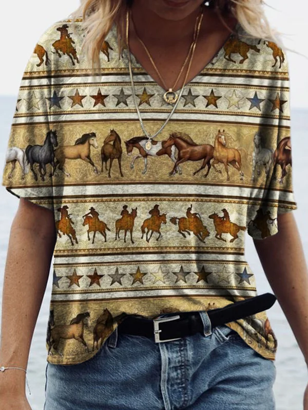 Western Horses Striped Art V Neck T Shirt