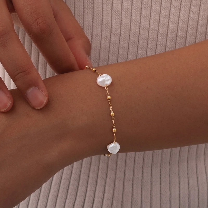 Elegant Minimalist Pearl 201 Stainless Steel Beaded Chain Bracelets In Bulk Stainless Steel Bracelets