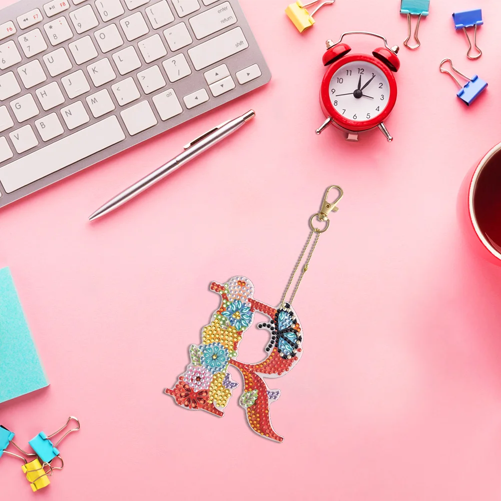 DIY R Diamond Art Key Rings Lettter Keychain Supplies Gift for Kids(Double Sided)