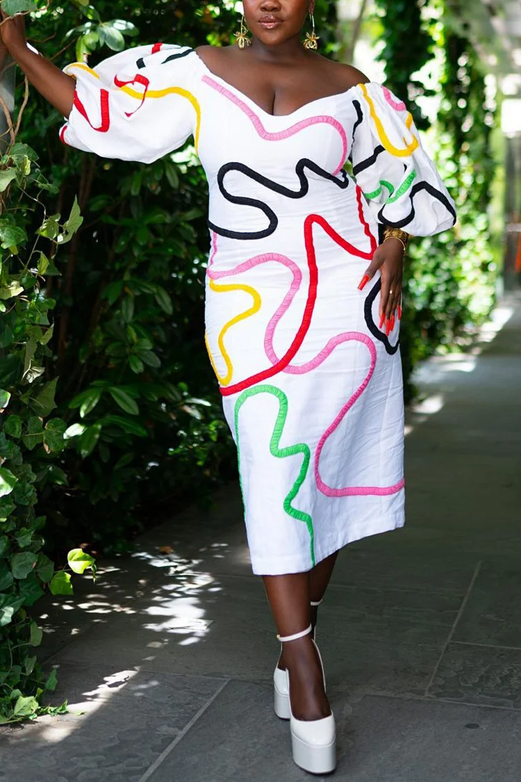 Xpluswear Plus Size White Casual Graphic Print Puff Sleeve V Neck Midi Dresses [Pre-Order]