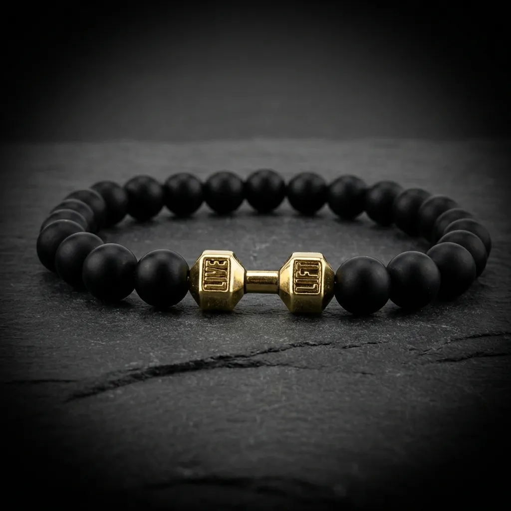 JiStones Signature Volcanic Lava Bracelet with Sculpted Dumbbell Charm Design 01-16 cm (6.3 in)
