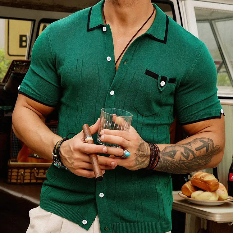 Men's Green Lapel Polo Collar Short Sleeve Sweater