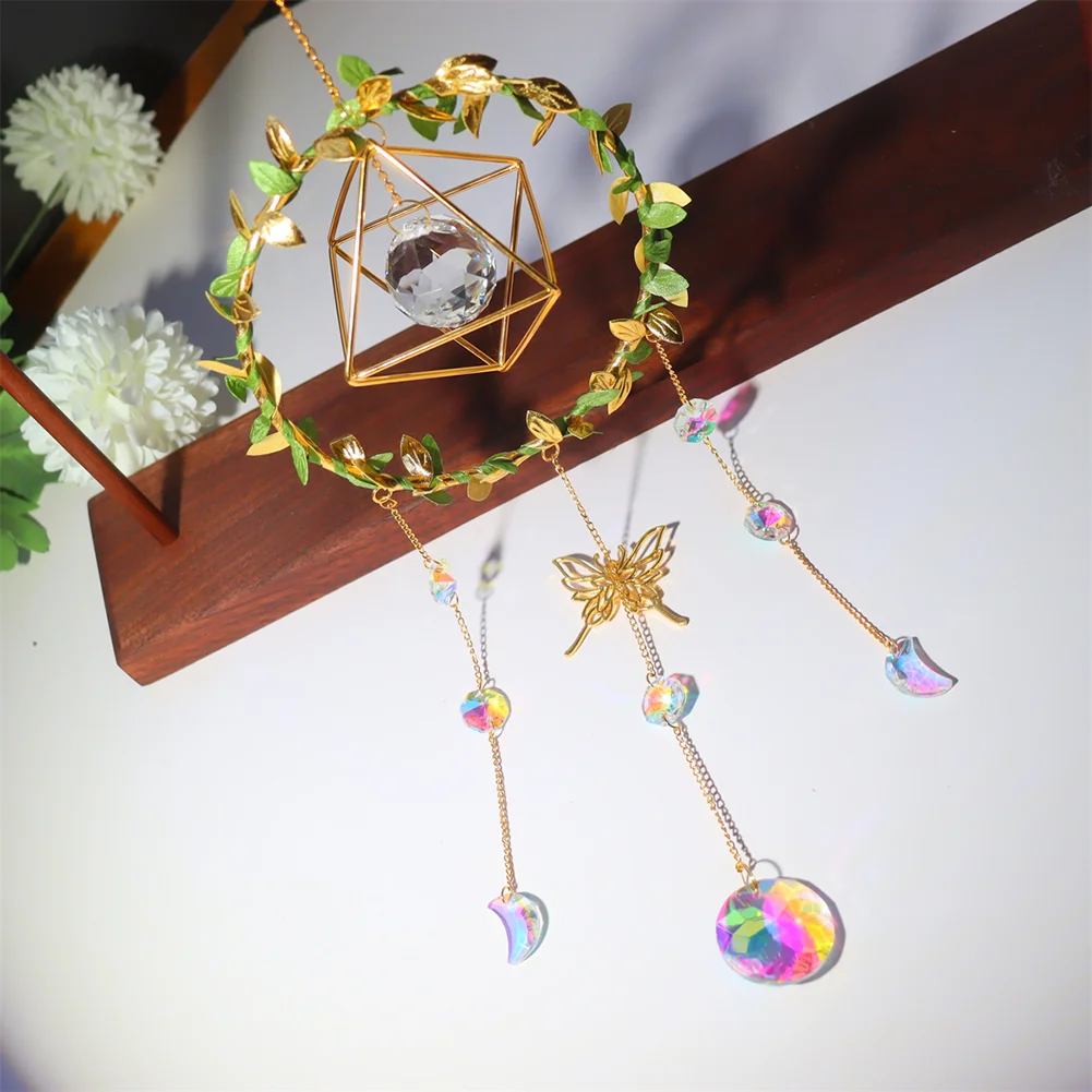 Crystal Wind Chime Prism Catchers Ornament Home Room Garden Decor (Round)