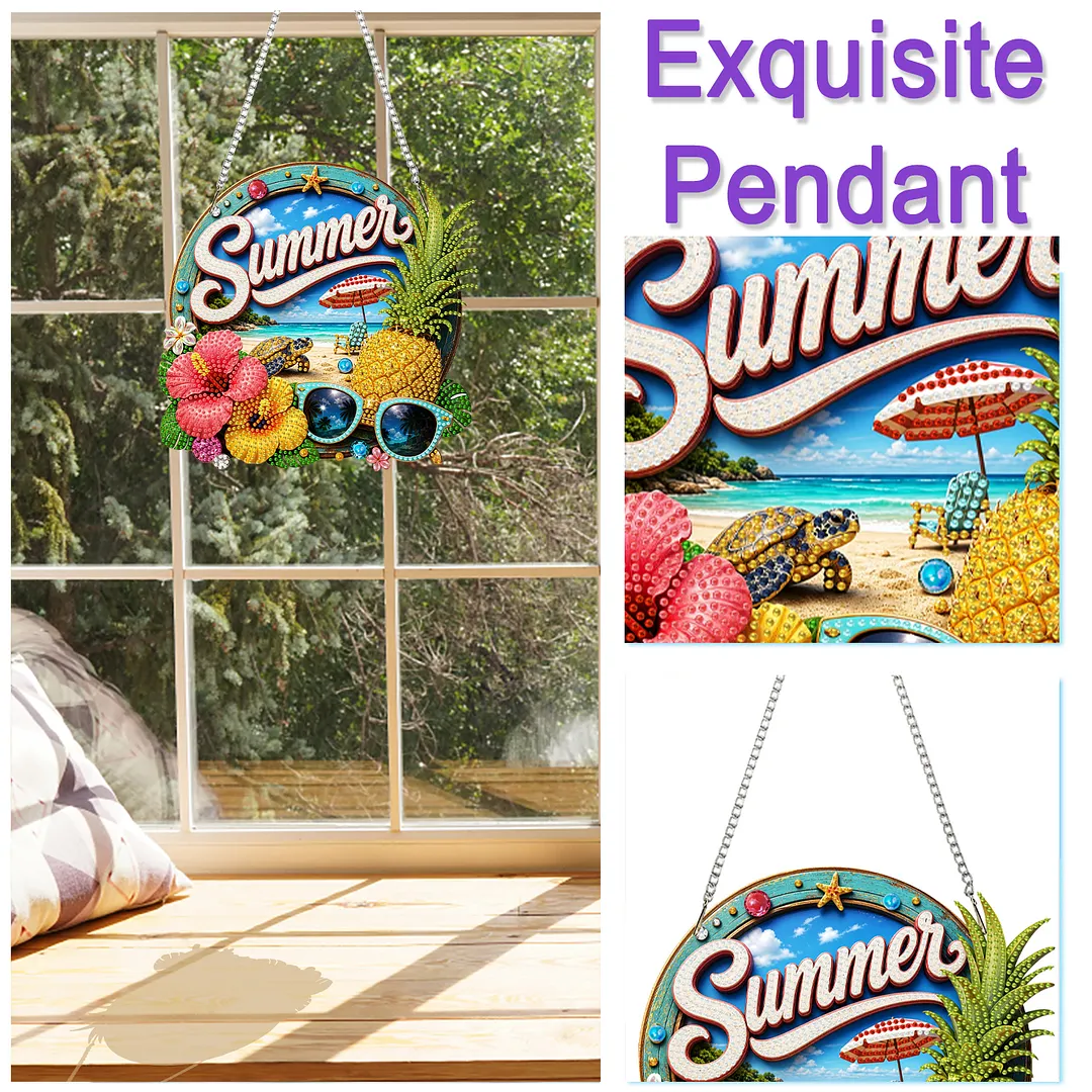 Summer Pineapple Beach 2D Flat DIY PET Diamond Painting Pendant Special Shape Hanging Gem Art Paintings Charm Single Side Drill for Adults Home Wall Window Decor