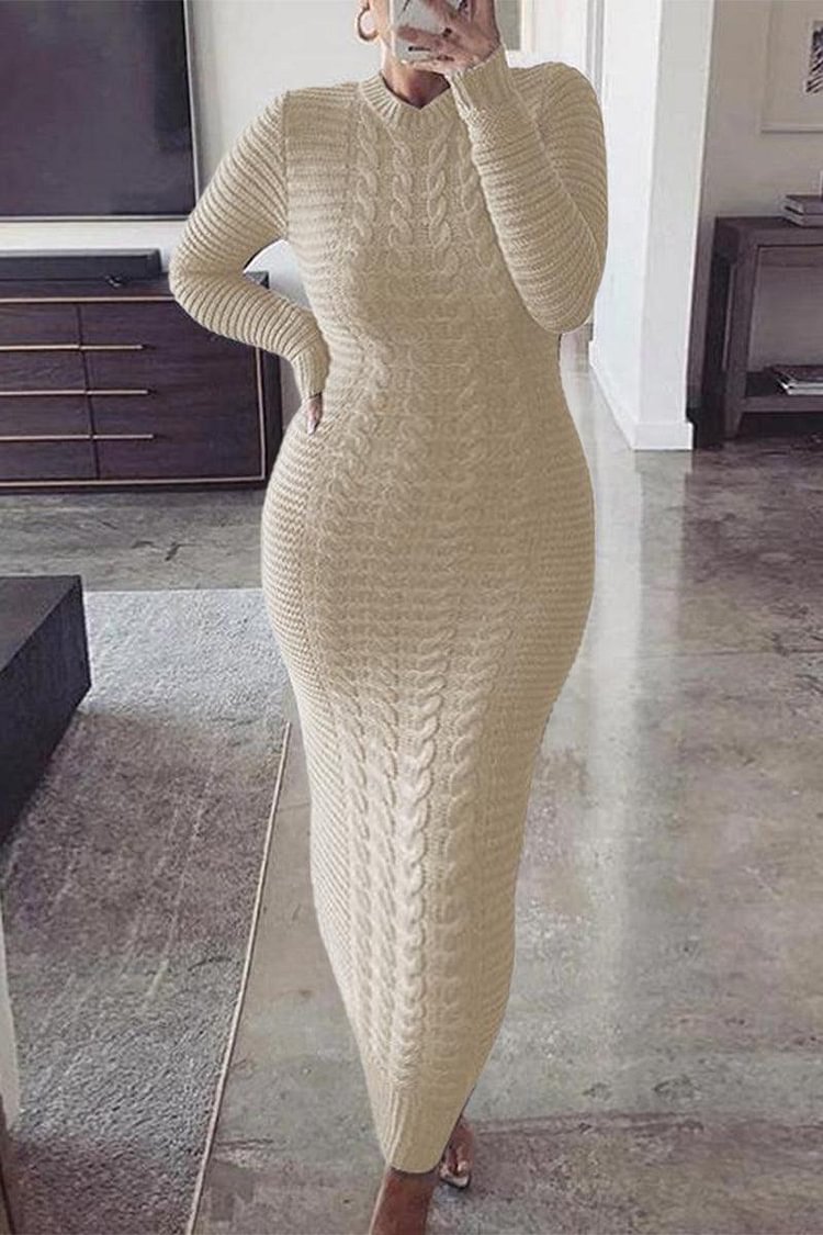 Xpluswear Plus Size Twisted Solid Color Long Sleeve Bodycon Sweater Maxi Dress[Pre-Order]