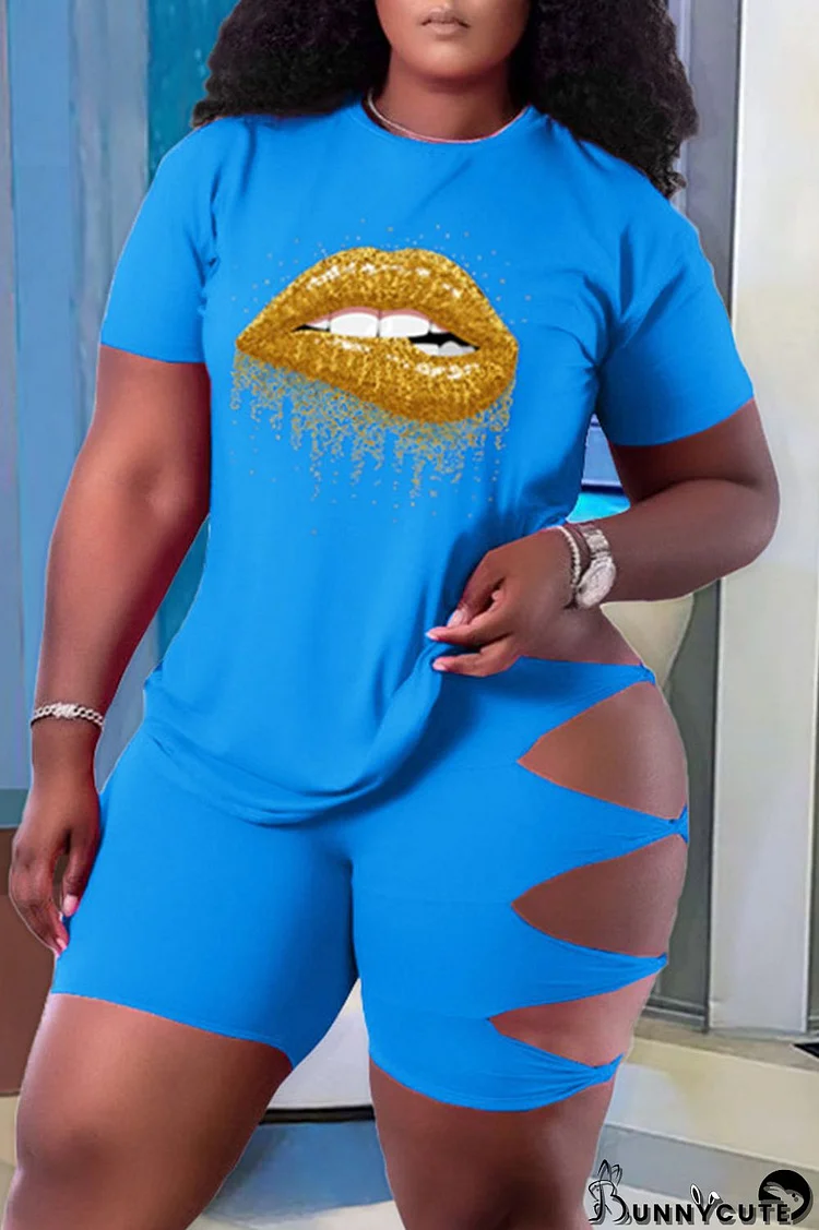 Sky Blue Fashion Casual Lips Printed Ripped Hollowed Out O Neck Plus Size Two Pieces