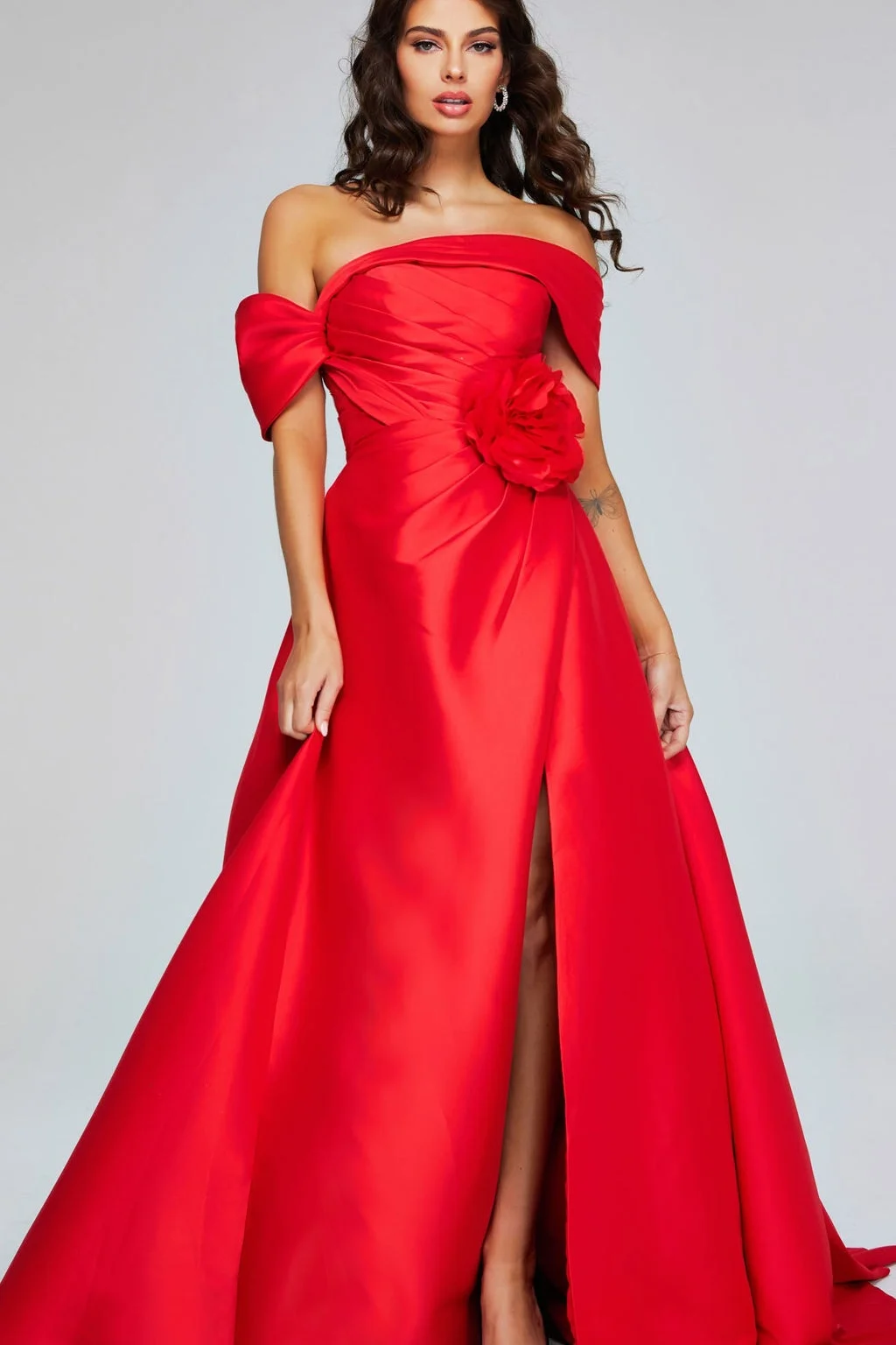 Oknass Off the Shoulder Sleeveless Long Split Prom Dress With Pleated