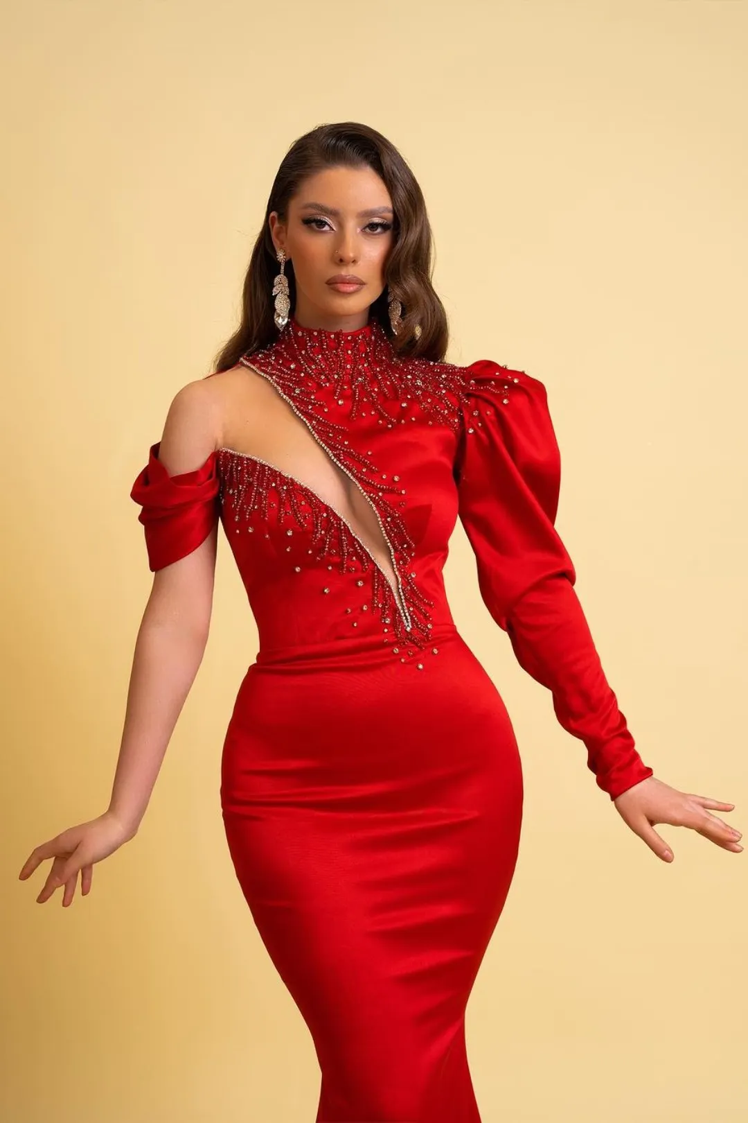 Elegant Red Charmeuse Long Prom Dress with High Slit main image 1