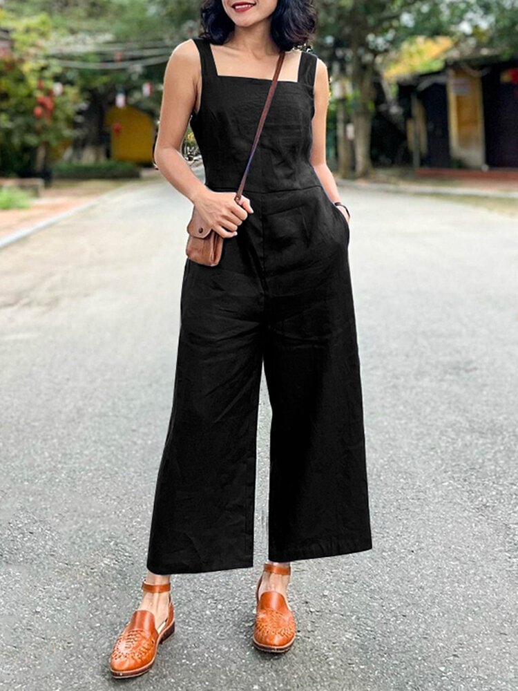Solid Pocket Square Collar Sleeveless Wide Leg Jumpsuit
