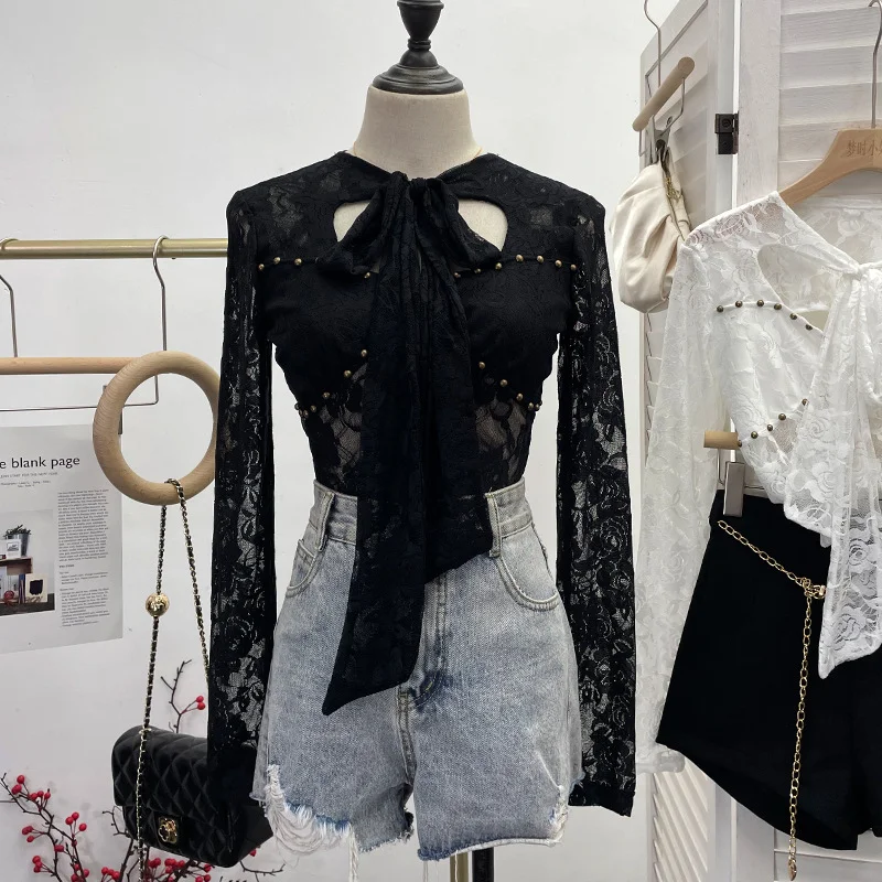 Uveng Explosion Real Shot Design Lace Ribbon Hollow Long Sleeve Top Sexy Slimming Bottom T-Shirt 8979