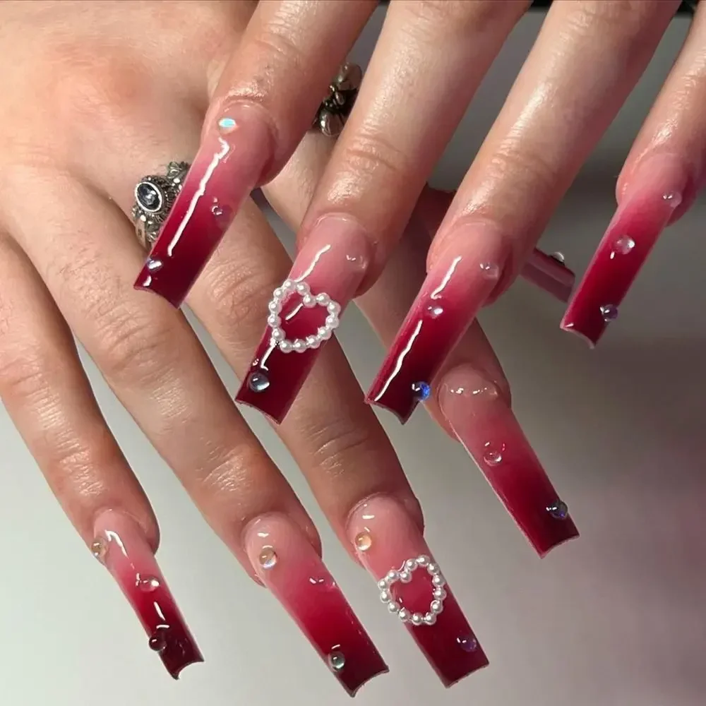 Ddmcloud 24pcs Long Ballerina Fake Nails Blue Crystal Flowers Pink Bow French False Nails Full Cover Press on Nails DIY Detachable