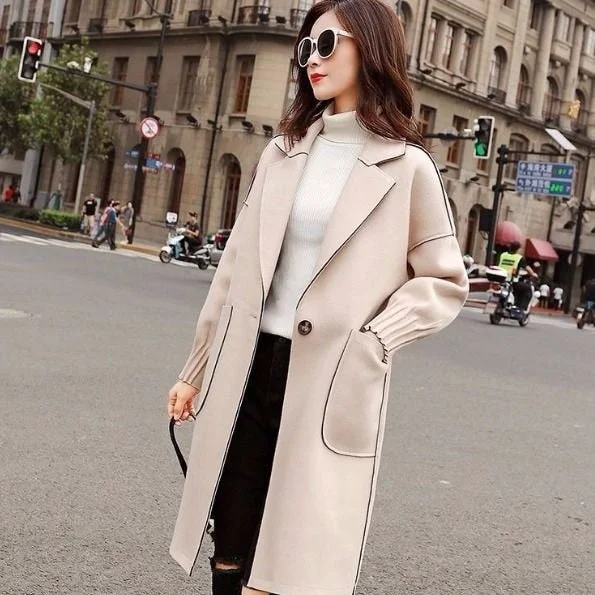 Small tweed coat women's middle long spring Korean loose and thin woolen coat
