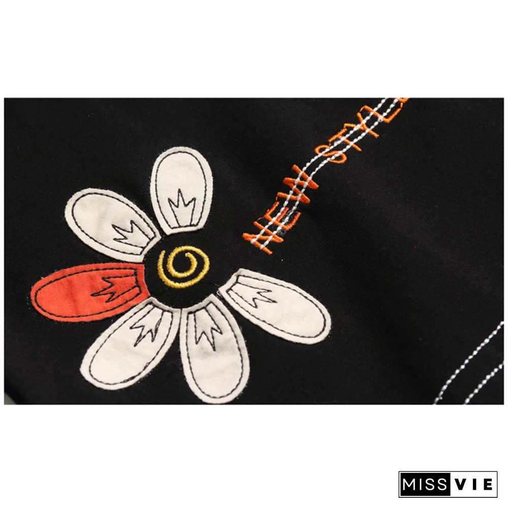 Shintimes Floral Letter Embroidery Long Sleeve T Shirt Women Spring Autumn T-Shirts Loose Clothes Cotton Tee Shirt Femme