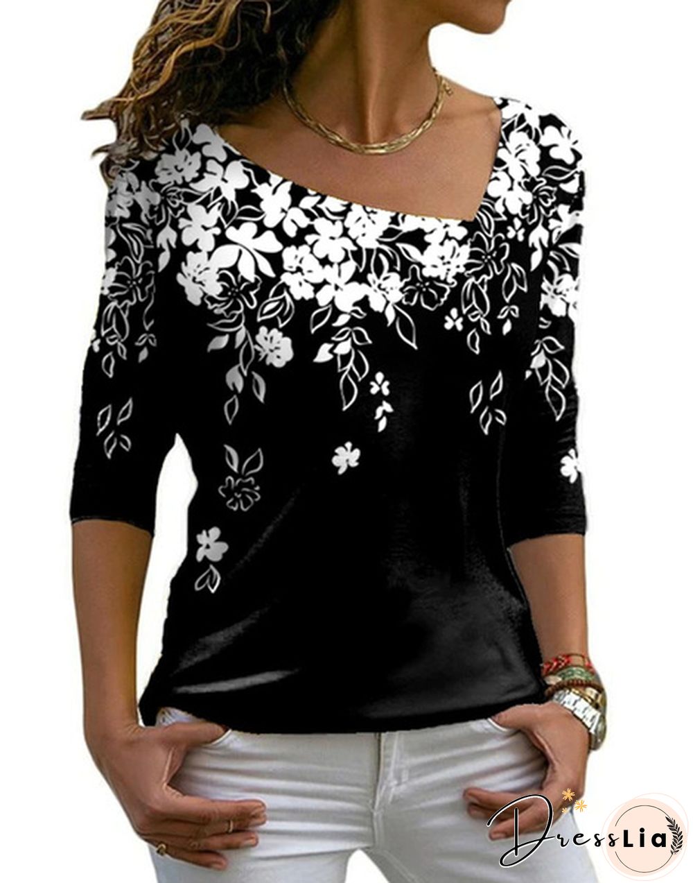 Spring and Early Autumn New Fashion Womens Floral Printed Long Sleeve Irregular V-neck