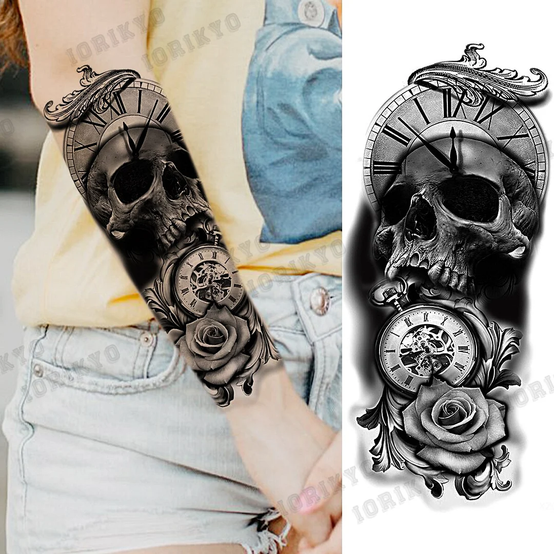 Sdrawing Devil Skeleton Temporary Tattoos For Men Adult Women Wolf Compass Gangster Fake Tattoo Washable Body Art Tatoo Sticker