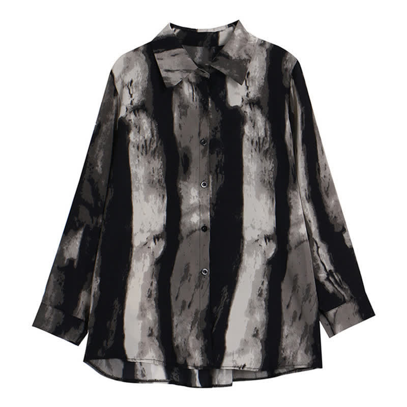 Vintage Ink Painting Long Sleeve Lapel Shirt Workwear