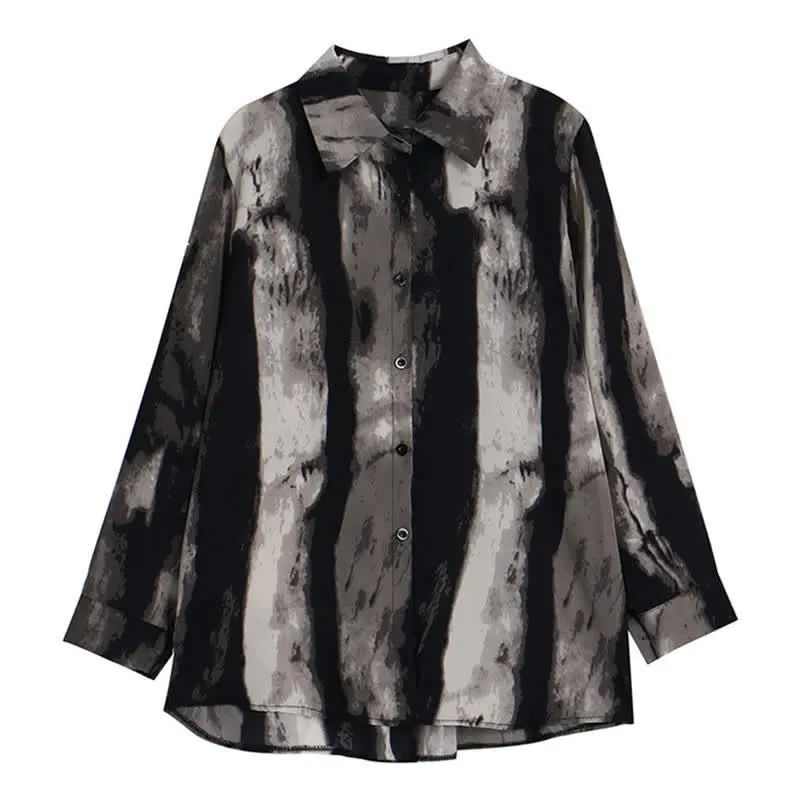 Vintage Ink Painting Long Sleeve Lapel Shirt Workwear