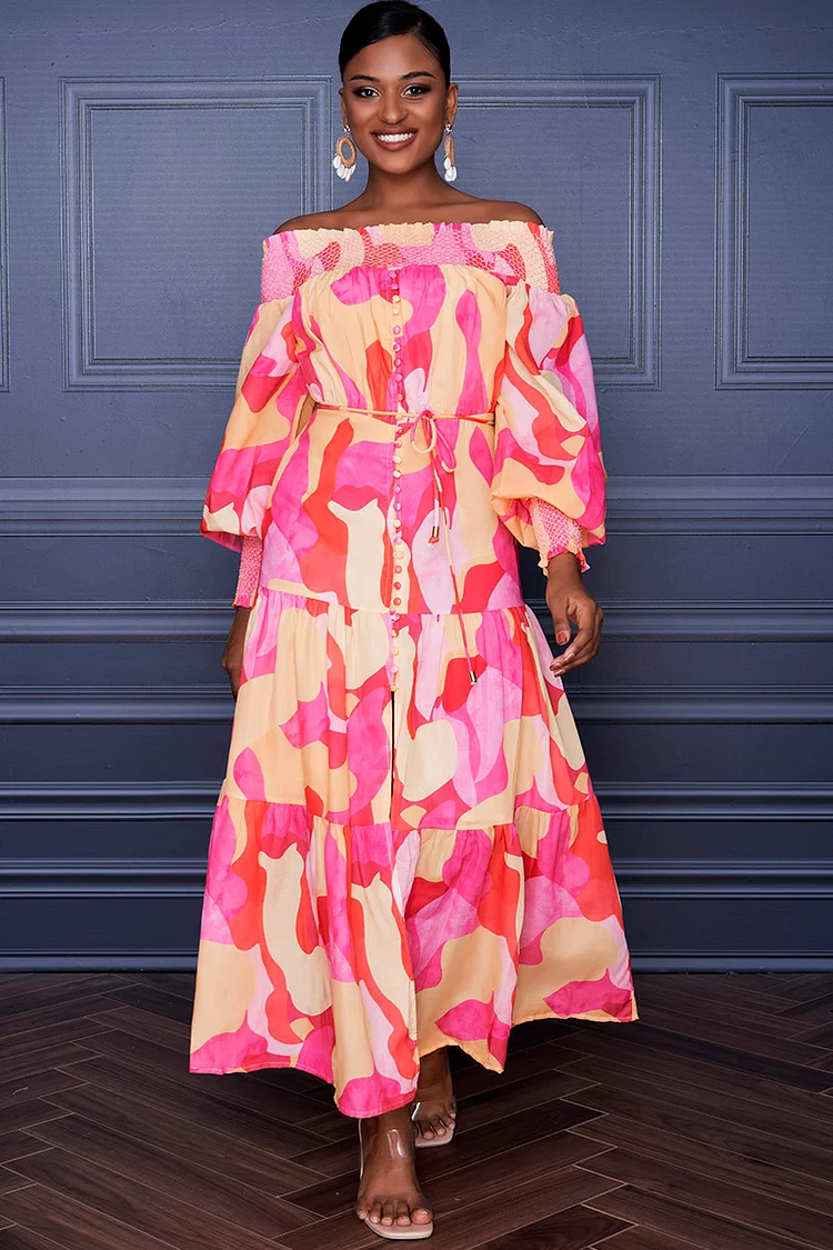 Xpluswear Design Plus Size Multicolor Daily Off The Shoulder Lantern Sleeve Smocking Floral Print Maxi Dresses