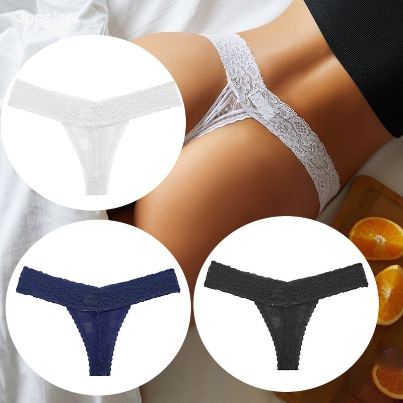 FINETOO 3PCS/Set Women Lace Sexy G-string Perspective Lingerie Temptation Panties Thong Underwear Panty Female Intimates M-XL