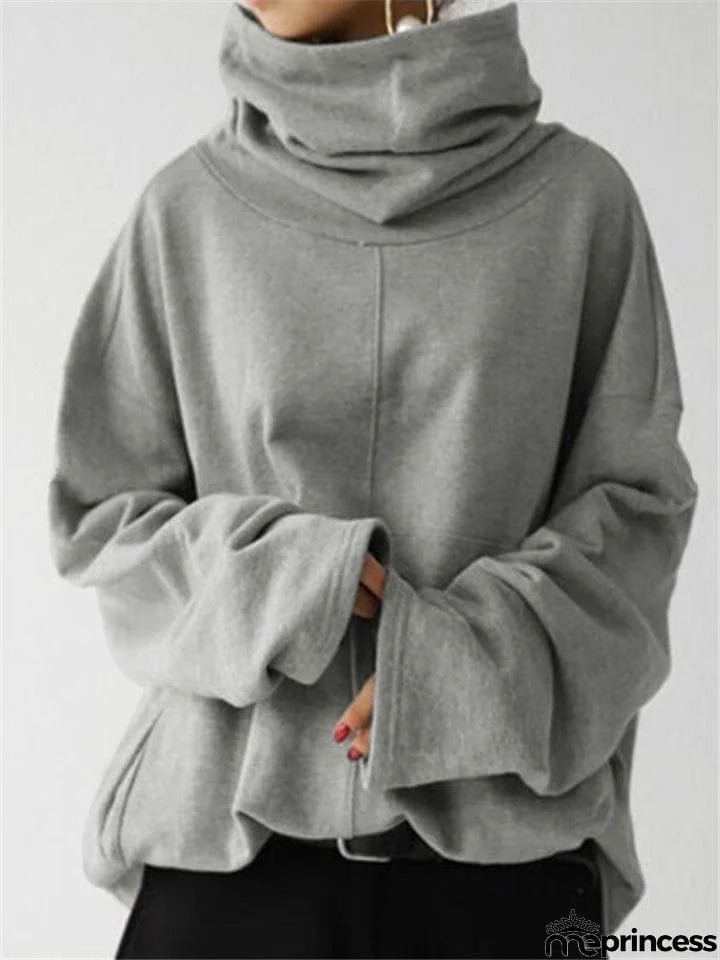 Loose Fit High Neck Long Sleeve Thicken Pullover Casual Sweatshirt