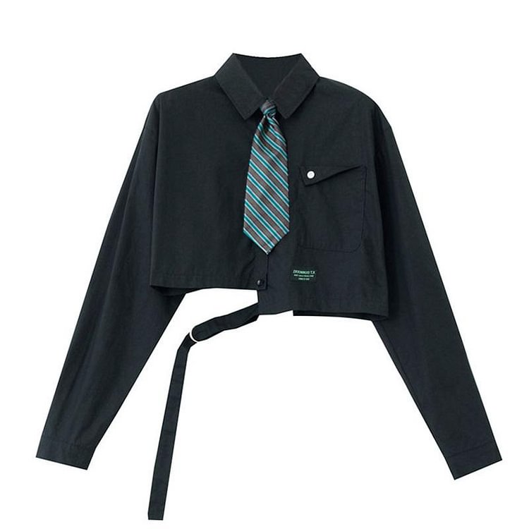 Irregular Tie Pocket Crop Shirt - Modakawa Modakawa