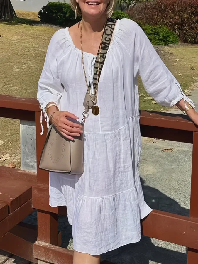 Women's Cotton And Linen 3/4 Sleeve Midi Dress