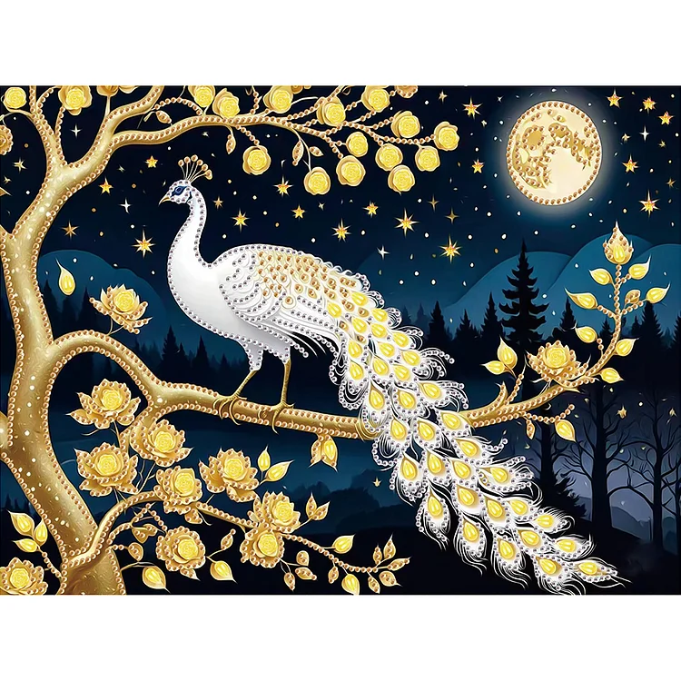 White Peacock With Golden Feathers On Moonlit Night 40*30cm (Canvas) Special Shaped Drill Diamond Painting gbfke