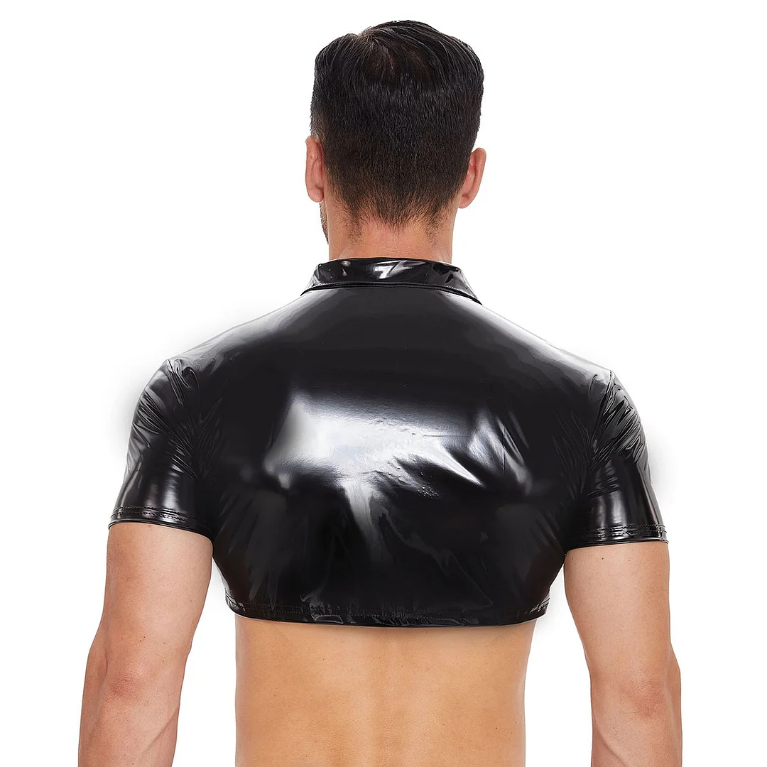 Toloer Toloer Men's PVC Bright Leather Jacket Sexy Slim Short Sleeve Half Leather Shirt Size Accurate-Outfit Ideas
