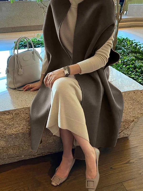 Simple Sleeveless Solid Color Round-Neck Cape Outerwear
