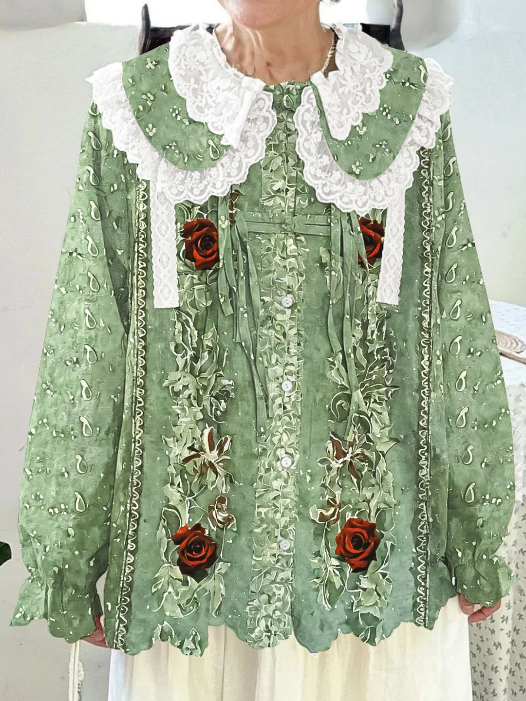 Women Printed Long Sleeve Round-neck  Cute Collar Shirts Blouses Green