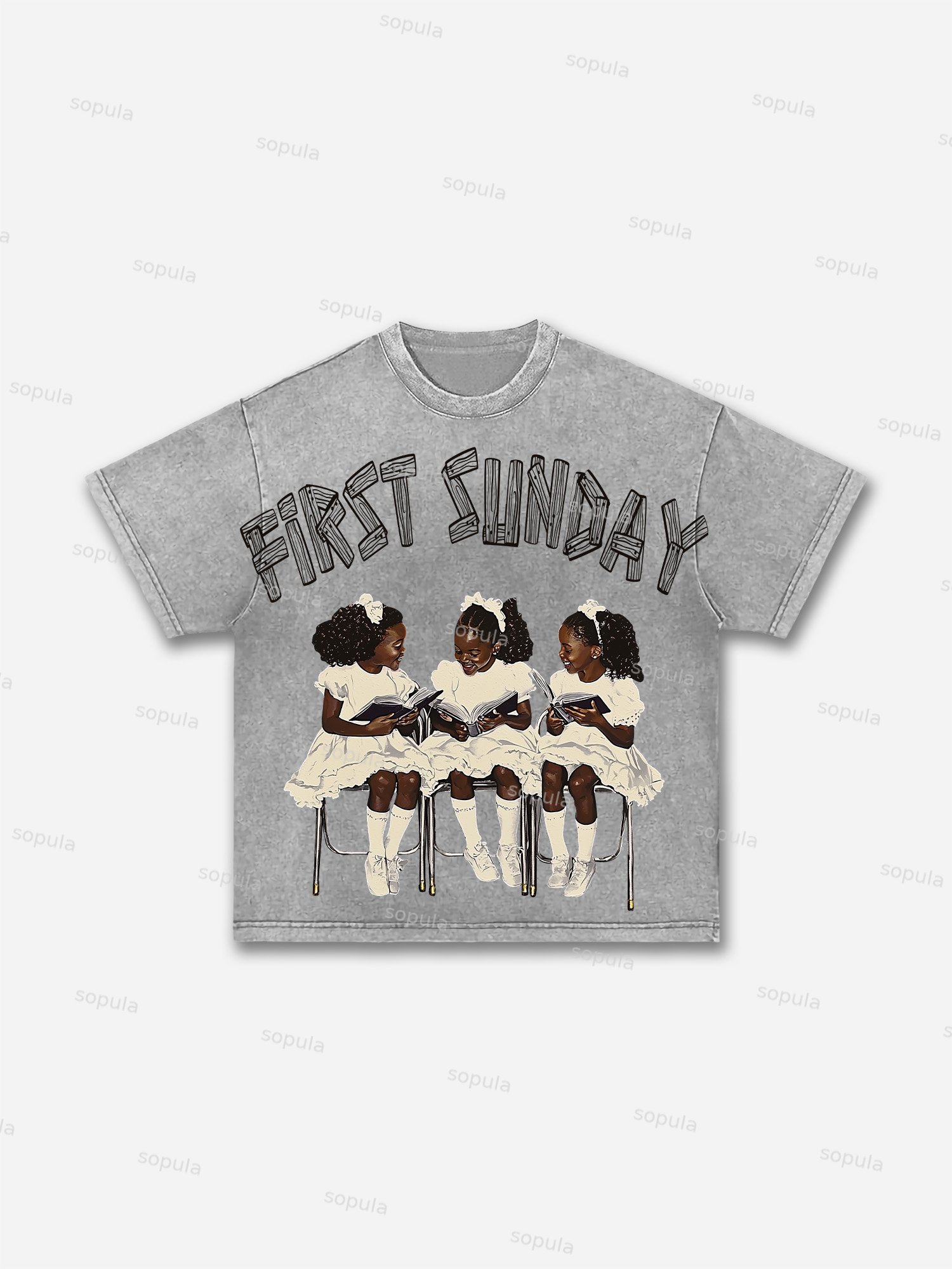 Vintage Children First Sunday Print Graphic Acid Wash T-shirt