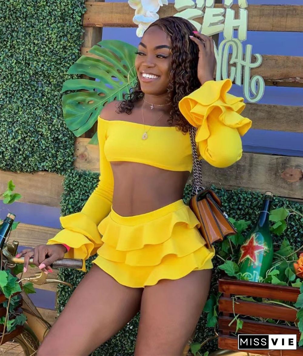 Sexy Off Shoulder Crop Tops Ruffle Mini Skirt Sets