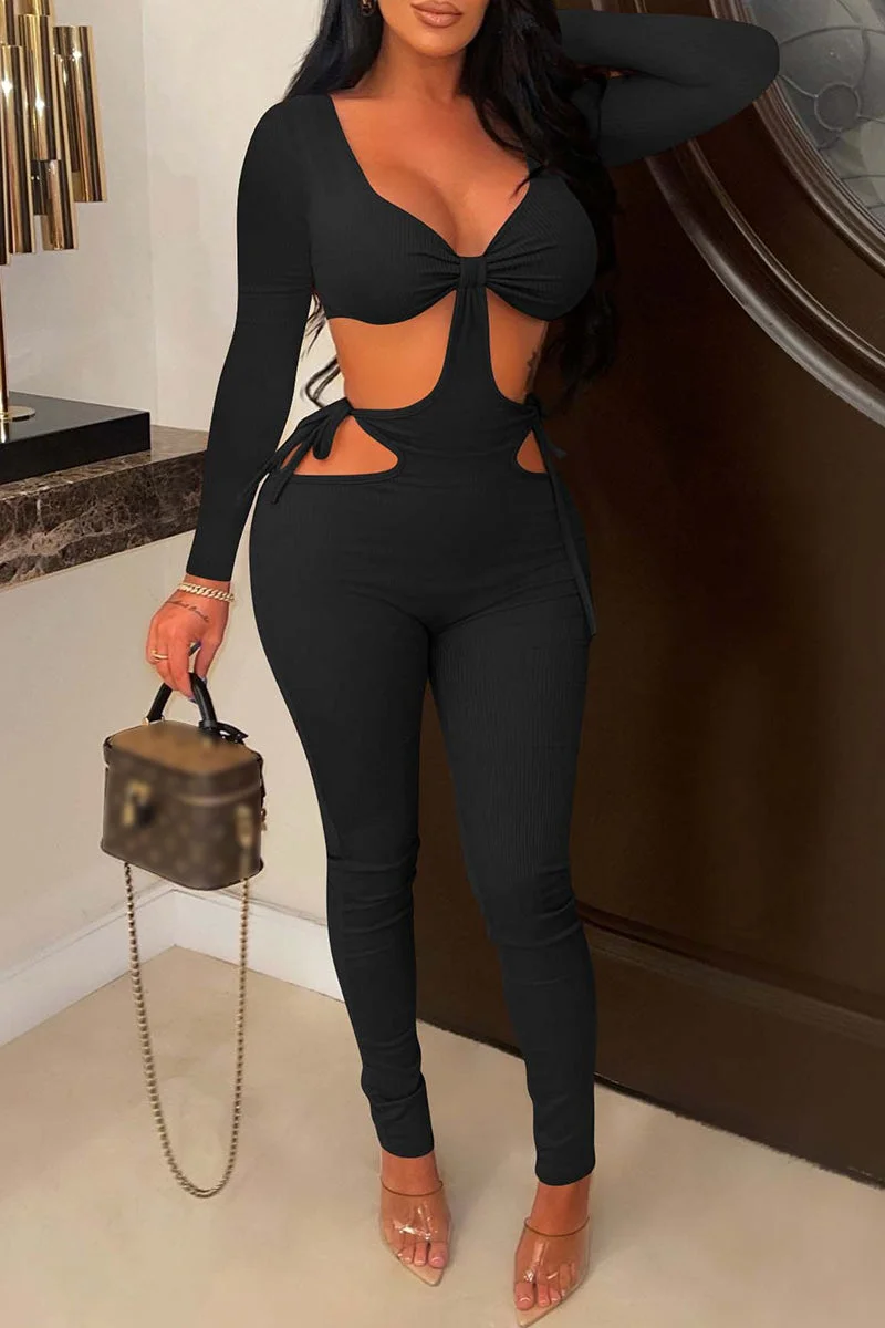 Fashion Sexy Solid Bandage Hollowed Out V Neck Skinny Jumpsuits