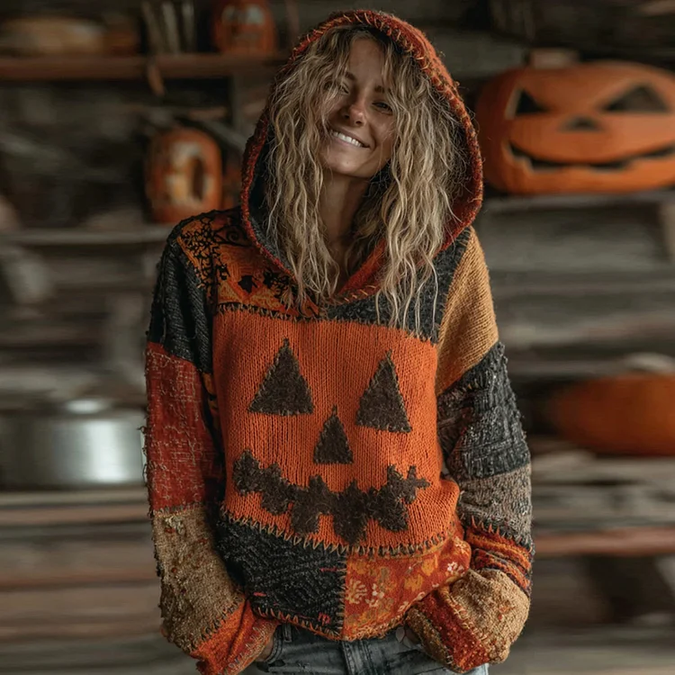 Halloween Pumpkin Face Patchwork Stitched Cozy Knit Hooded