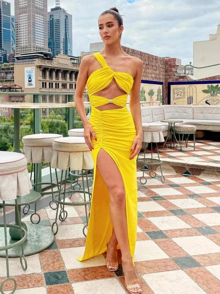Brownm High-End Women's Sexy Open Shoulder Twitching Wrapped Thoracic Dress Skirts High Open Fork
