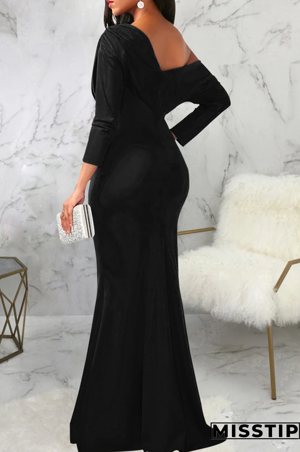 White Street Solid Patchwork One Shoulder Trumpet Mermaid Dresses