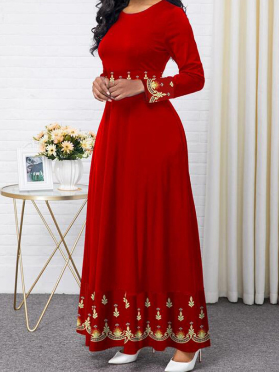 Retro Print High Waist Long Sleeve Dress | Oxredo Shop Ramadan Sale