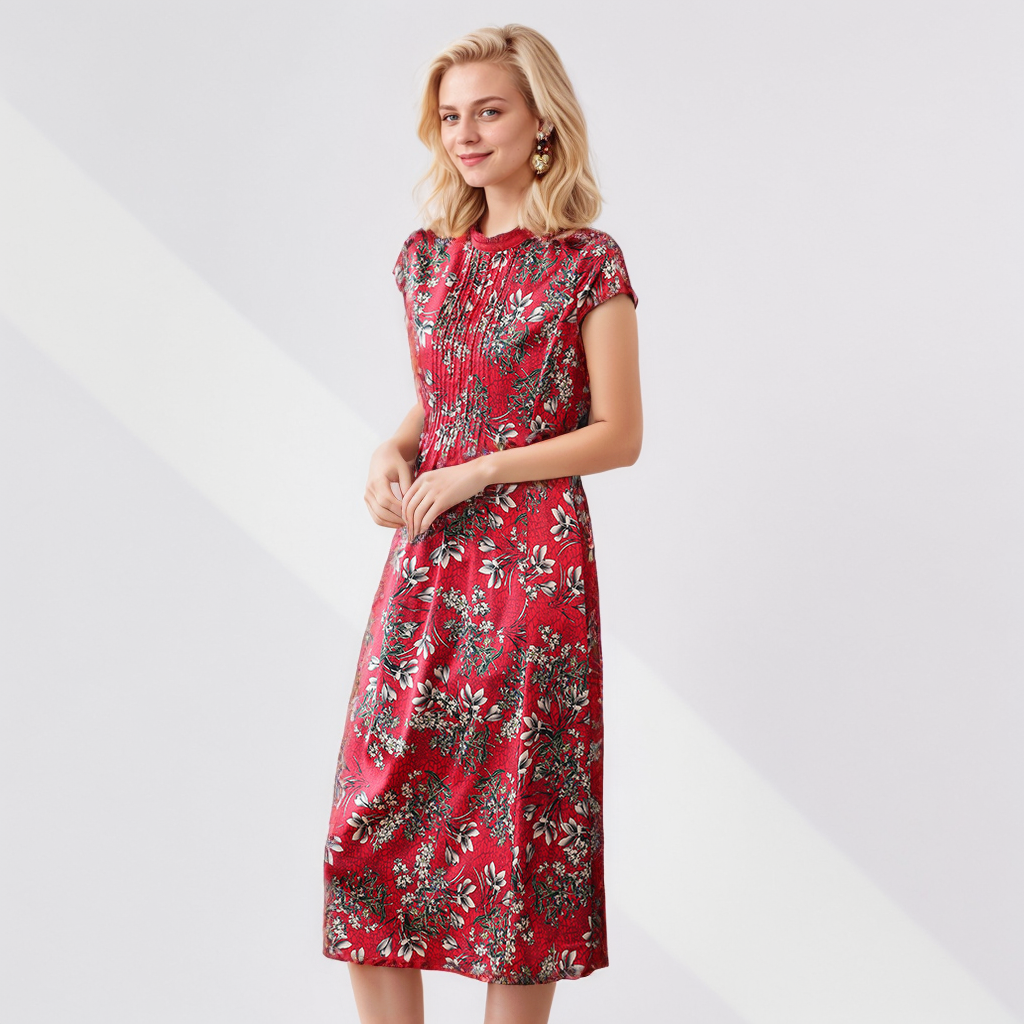 Red Silk Shirt Dress Crew Neck For Office REAL SILK LIFE