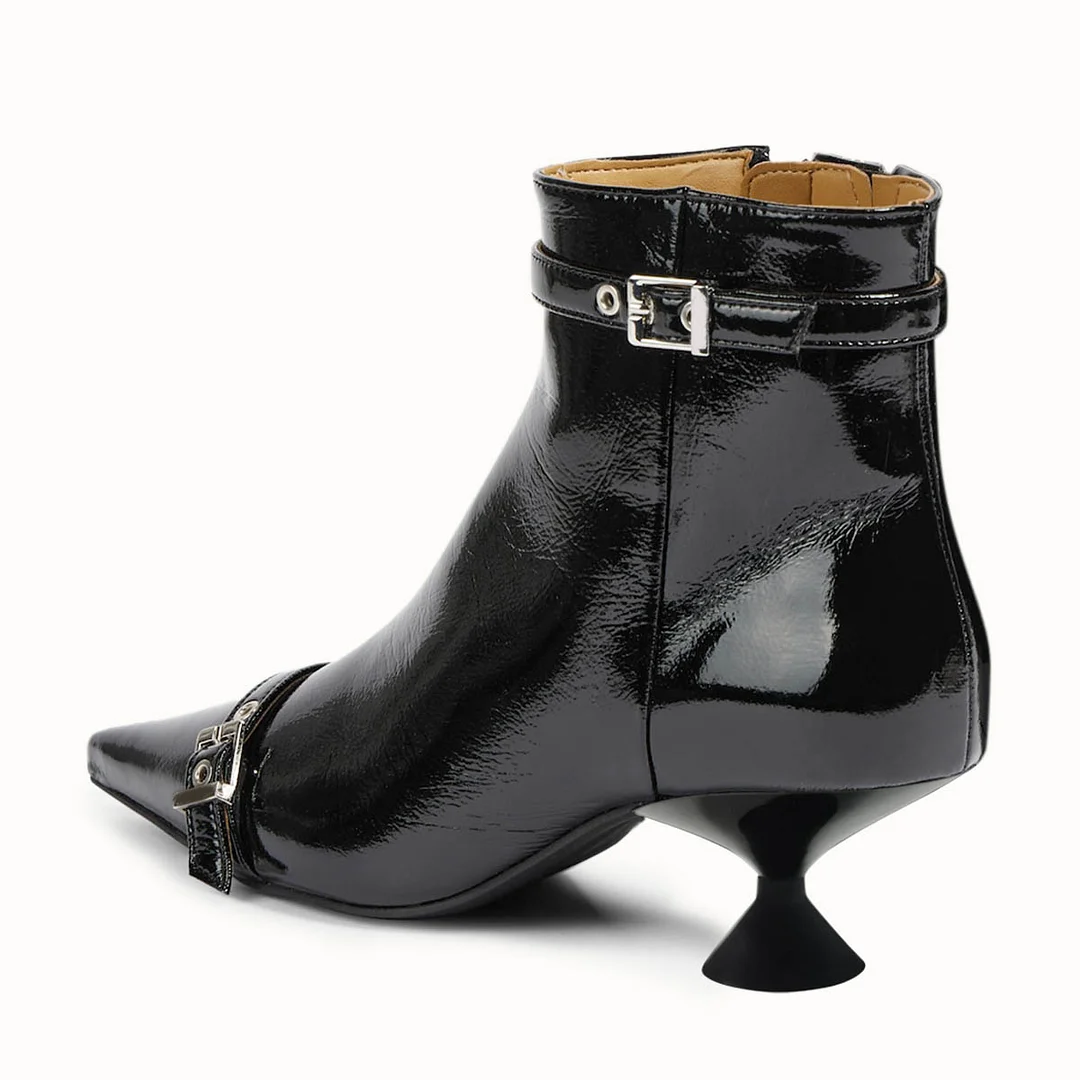 Black Buckle Strap Pointed Toe Flared Heel Ankle Boots with Zipper