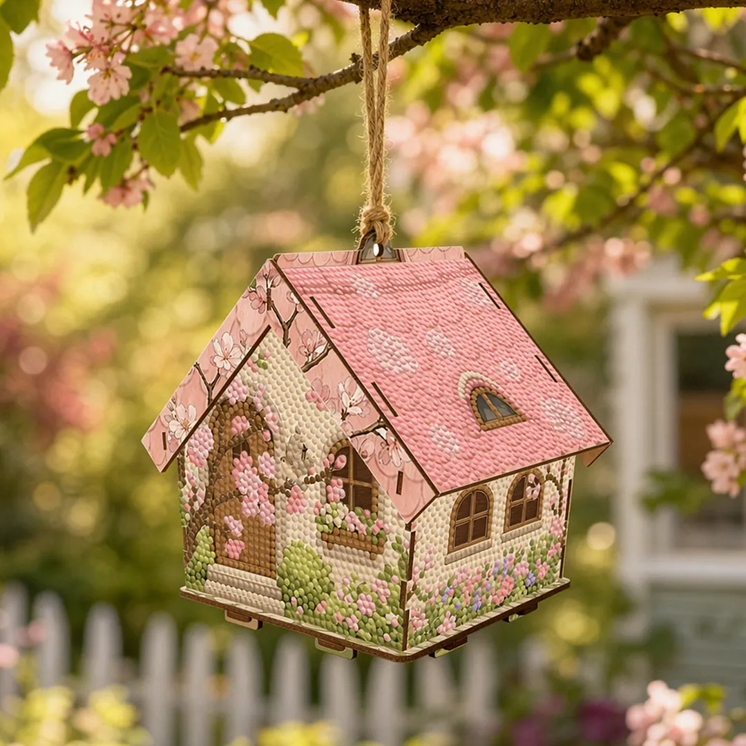 DIY Wooden House Diamond Art Painting Kit for Adults Home (Pink House)