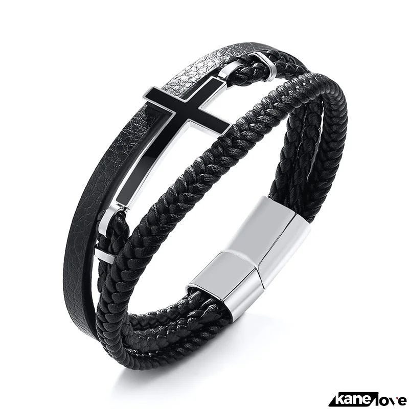 Men's Leather Cross Cuff Round Pattern Trendy Charm Bracelet