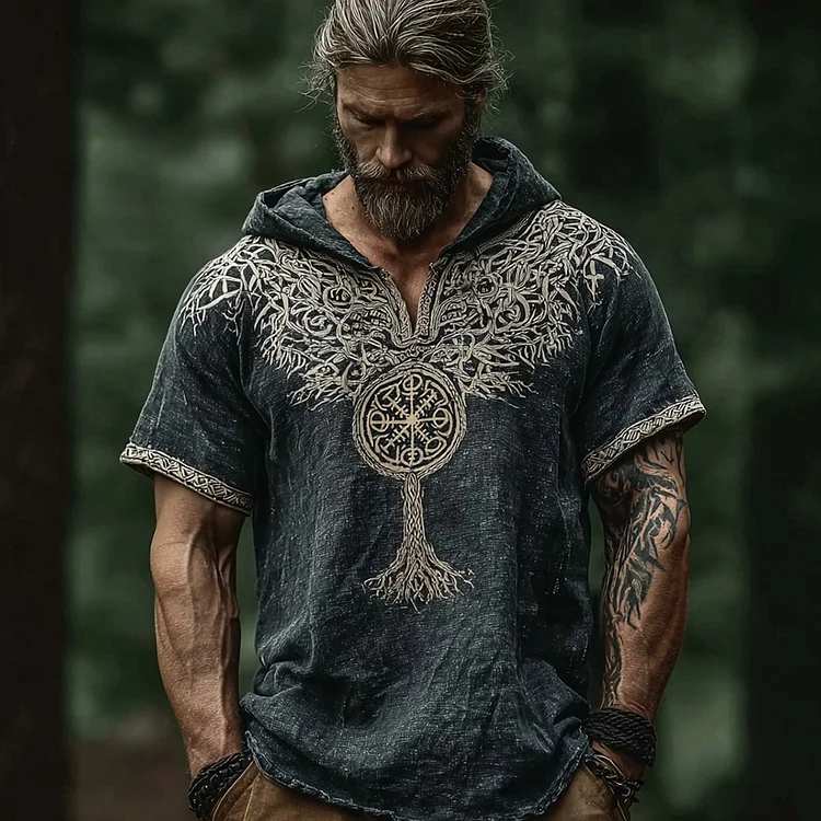 Vintage Viking Style Celtic Knot Design Men's Linen Hooded Short-sleeve T-shirt