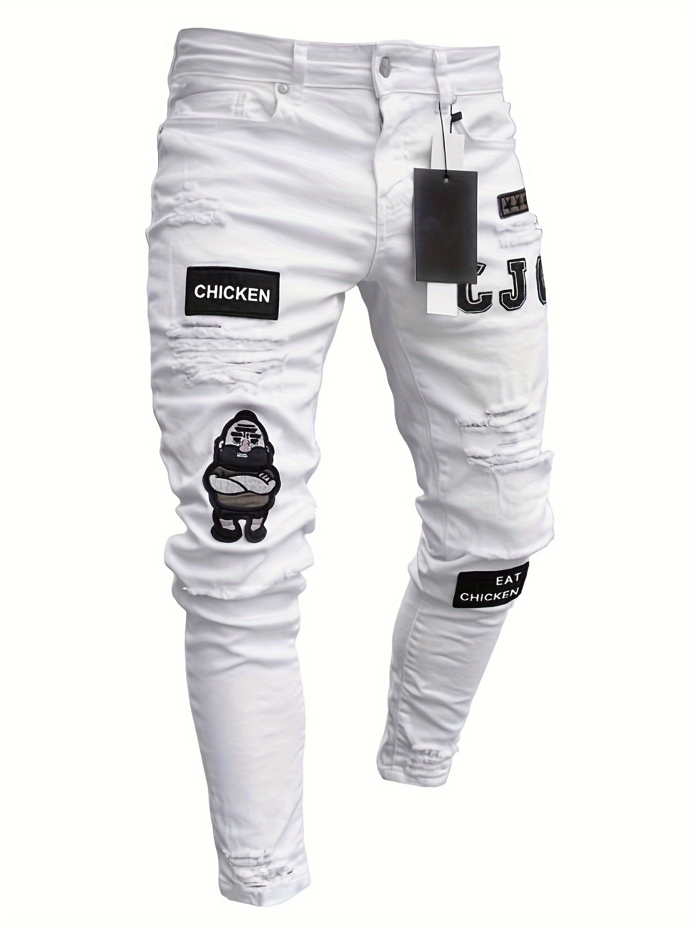 Women&rsquo;S Stretch Skinny Ripped Jeans - Slim Fit Distressed Denim With Patches, Elastic Waistband & Ankle, Machine Washable, White | IFYHOME