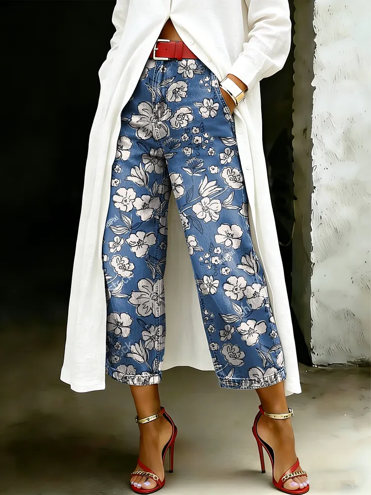 Women's Vintage Floral Art Casual Wide Denim Pants