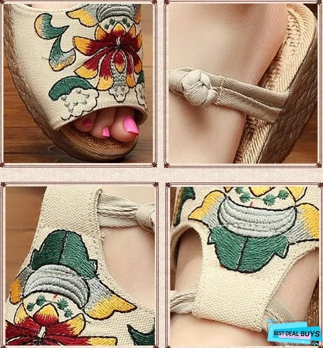 Ethnic Style Wedge with Non-slip Fish Mouth Type Embroidered Sandals and Slippers