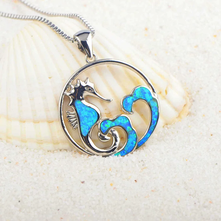 Olivenorma Blue Opal Seahorse Wave Necklace