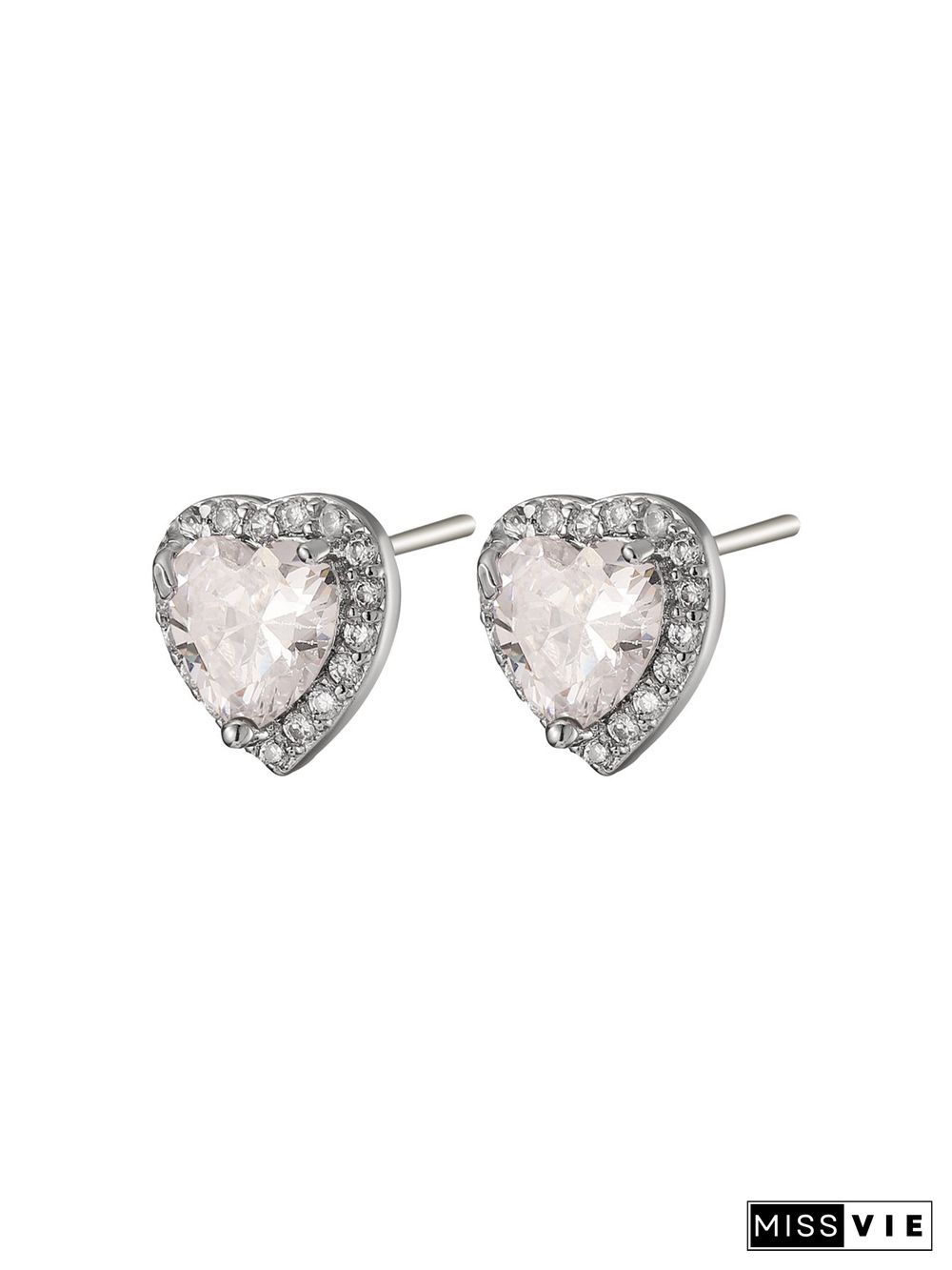 Full Diamond Pink Zircon Heart Stud Earrings Commuter Jewelry