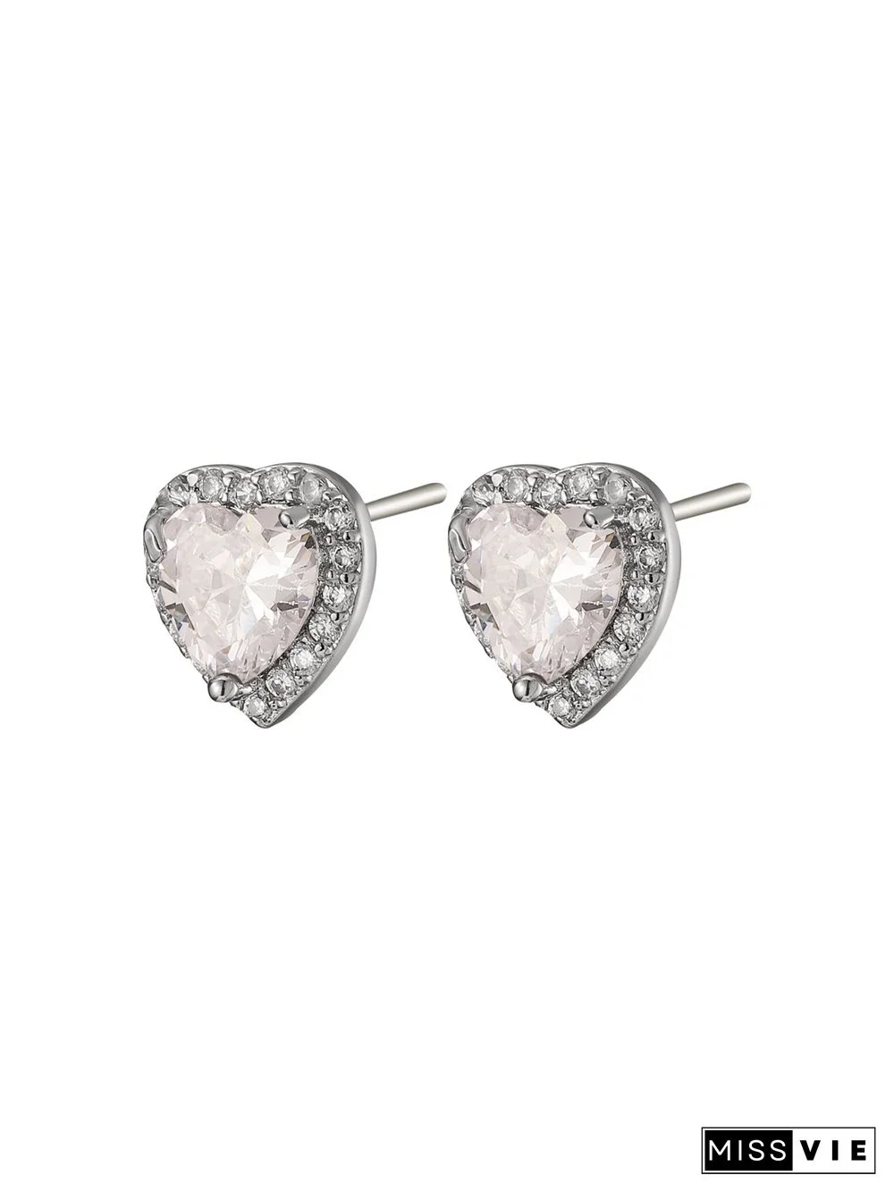 Full Diamond Pink Zircon Heart Stud Earrings Commuter Jewelry