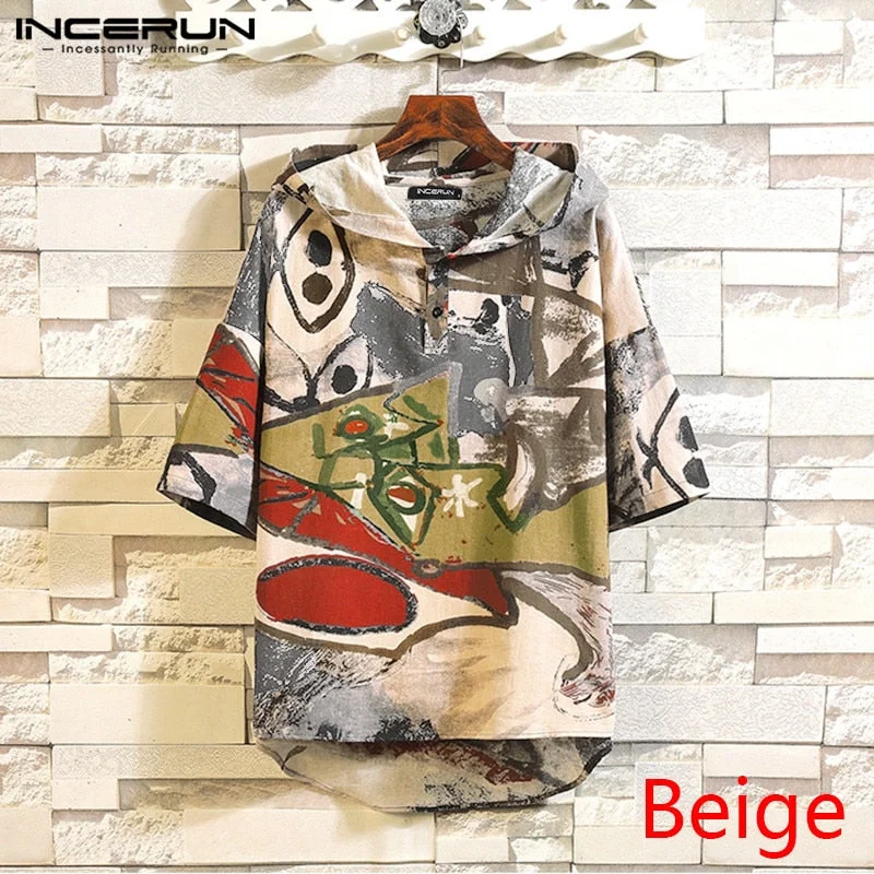 Men Hooded Half Sleeve Shirt Vintage Printed Shirts Casual Loose Buttons Pullovers Man Cotton Thin Sweatshirt Camisa Plus Size 7