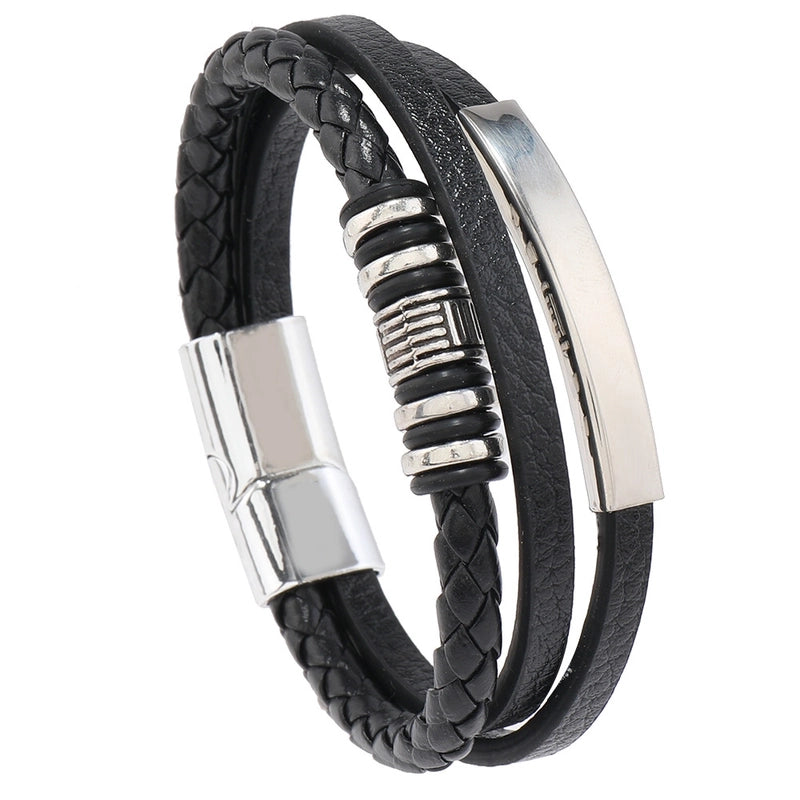 Hip-Hop Retro Geometric 304 Stainless Steel Pu Leather Rope Men’s Bracelets